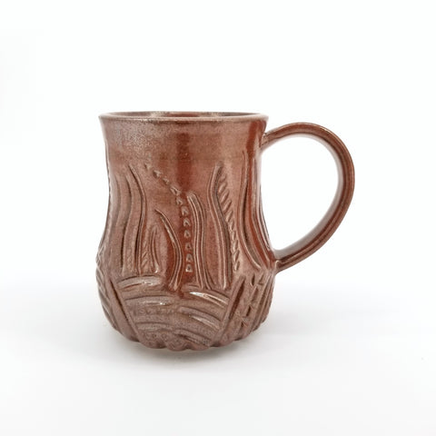 Handmade Mug with Carved Decoration Rust Coloured Mug - Arts and Heritage St. Albert