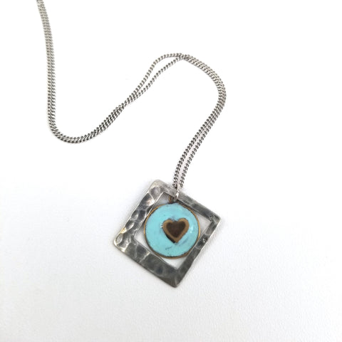 Sterling Silver Square With Enameled Brass Circle Heart Necklace - Arts and Heritage St. Albert