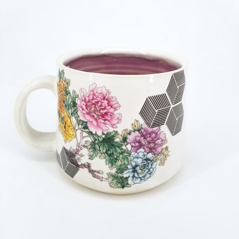 Floral Decal Mug Short White with florals and hexagons and pink inner glaze - Arts and Heritage St. Albert