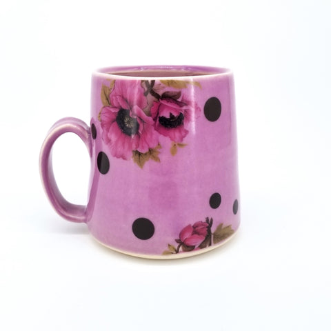 Floral Decal Mugs Purple with Florals and Dots, 4" Tall & 3.25" diameter at rim - Arts and Heritage St. Albert