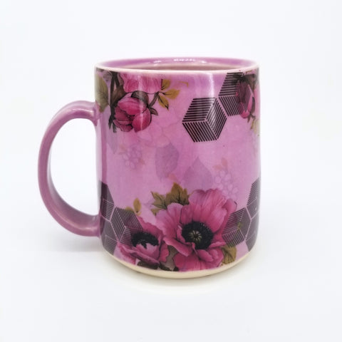 Floral Decal Mugs Tall Lilac Pink with Poppies and Hexagons, 4.25" tall & 3.25" diameter at rim - Arts and Heritage St. Albert