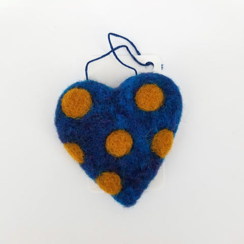 Flat Felted Heart Ornament Yellow Polka Dots - Arts and Heritage St. Albert