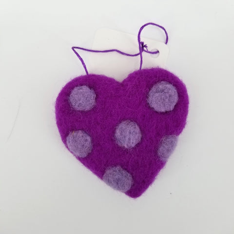 Flat Felted Heart Ornament Purple Polka Dots - Arts and Heritage St. Albert