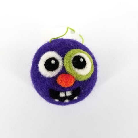 Felted Monster Head Ornaments Purple Monster with Green Rimmed Eye - Arts and Heritage St. Albert