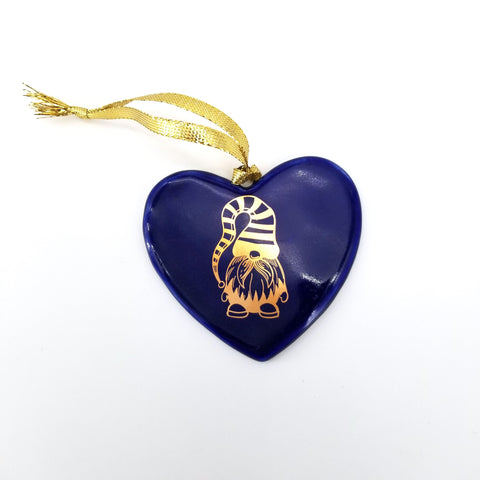 Holiday Ornaments Blue Heart with 14k Gold Gnome in Striped Hat - Arts and Heritage St. Albert