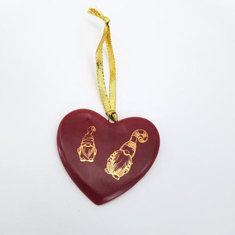 Holiday Ornaments Burgundy Heart with 14k Gold Pair of Gnomes - Arts and Heritage St. Albert