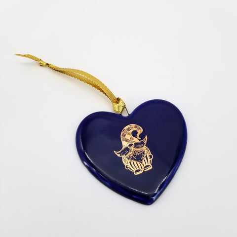 Holiday Ornaments Blue Heart with 14k Gold Gnome in Plaid Hat - Arts and Heritage St. Albert