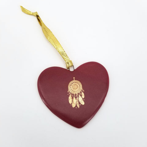 Holiday Ornaments Burgundy Heart with 14k Gold Dream Catcher - Arts and Heritage St. Albert