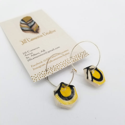 Small Porcelain Charm Hoop Earrings Yellow & Black Pattern - Arts and Heritage St. Albert