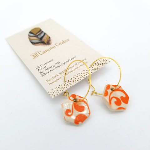 Small Porcelain Charm Hoop Earrings Hexagon Orange Florals - Arts and Heritage St. Albert