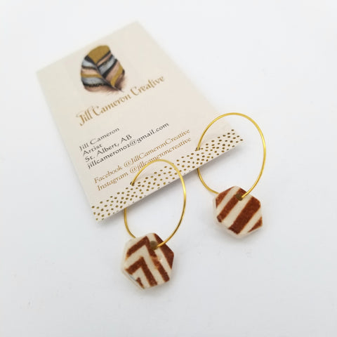 Small Porcelain Charm Hoop Earrings Brown Stripes - Arts and Heritage St. Albert