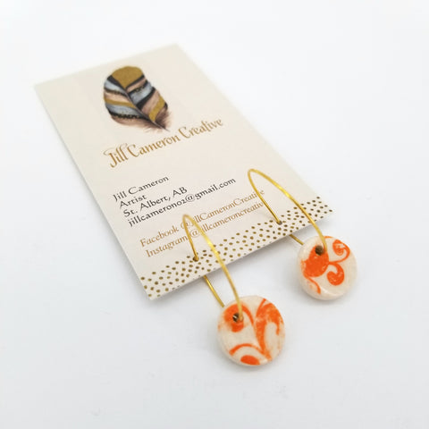 Small Porcelain Charm Hoop Earrings Round Orange Florals - Arts and Heritage St. Albert