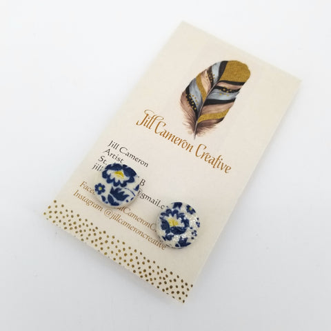 Porcelain Stud Earrings Blue & Yellow Florals - Arts and Heritage St. Albert