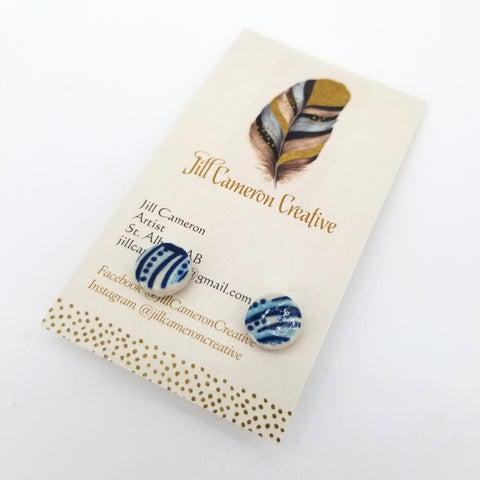 Porcelain Stud Earrings Dark & Light Blue Curves - Arts and Heritage St. Albert