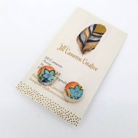 Porcelain Stud Earrings Aqua Flowers on Peach - Arts and Heritage St. Albert