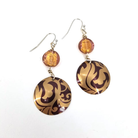 Upcycled Biscuit Box Circular Dangle Earrings Burgundy & Gold - Arts and Heritage St. Albert