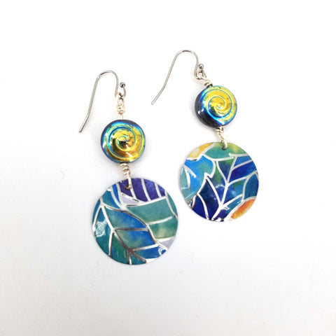 Upcycled Biscuit Box Circular Dangle Earrings Aqua Blues - Arts and Heritage St. Albert