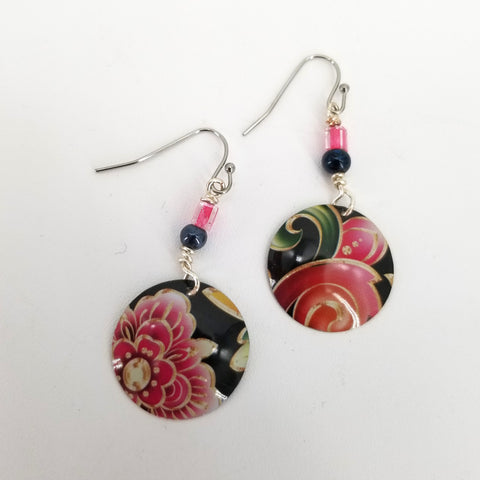 Upcycled Biscuit Box Circular Dangle Earrings Pink & Black Florals - Arts and Heritage St. Albert