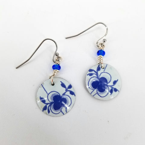 Upcycled Biscuit Box Circular Dangle Earrings Blue & White - Arts and Heritage St. Albert