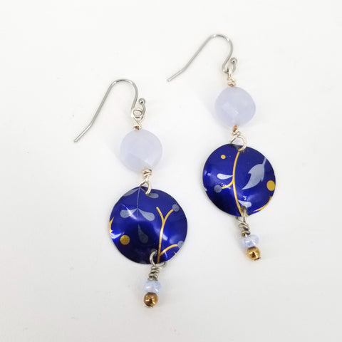 Upcycled Biscuit Box Circular Dangle Earrings Navy Blue - Arts and Heritage St. Albert