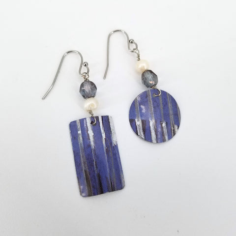 Upcycled Biscuit Box Dangle Earrings Assorted Shapes Mismatched Blue - Arts and Heritage St. Albert