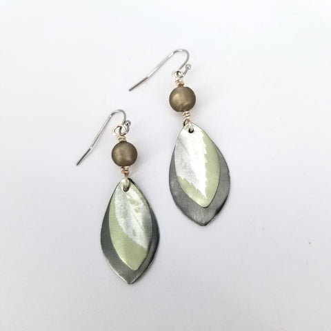 Upcycled Biscuit Box Dangle Earrings Assorted Shapes Sage Green with Silver Leaves - Arts and Heritage St. Albert