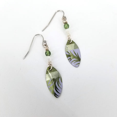 Upcycled Biscuit Box Dangle Earrings Assorted Shapes Green Leaf Pattern - Arts and Heritage St. Albert