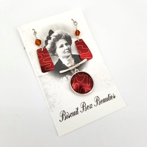 Pendant & Earrings Set Upcycled Biscuit Box Jewelry Red & Gold - Arts and Heritage St. Albert