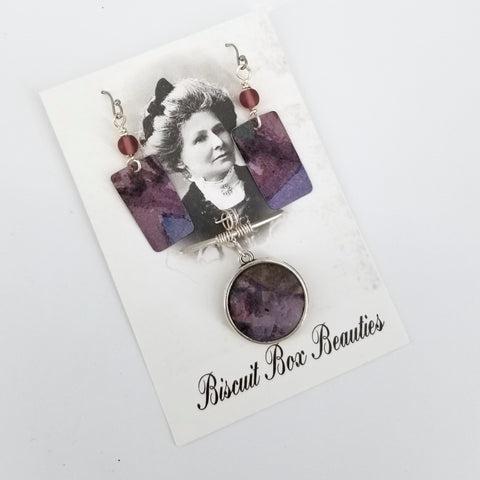 Pendant & Earrings Set Upcycled Biscuit Box Jewelry Purple - Arts and Heritage St. Albert