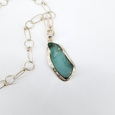 Ancient Glass Chain Necklace with Aqua Pendant - Arts and Heritage St. Albert