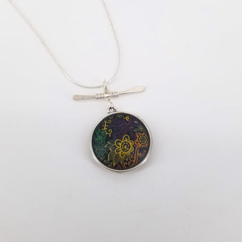 Pendant Double Sided Upcycled Biscuit Box Black Purple Yellow & Orange Paisley - Arts and Heritage St. Albert