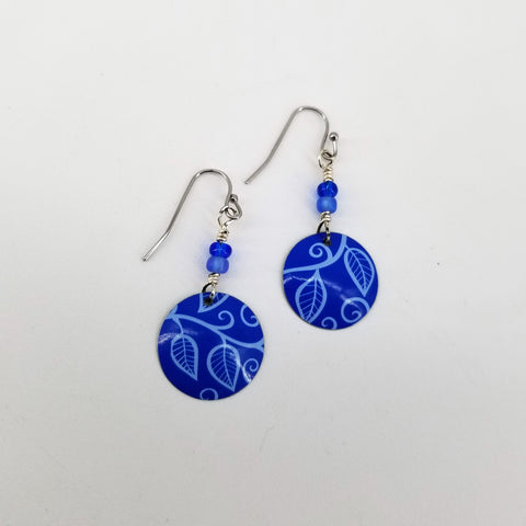 Upcycled Biscuit Box Circular Dangle Earrings Blue Leaves - Arts and Heritage St. Albert