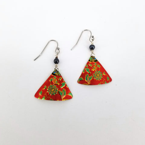 Upcycled Biscuit Box Dangle Earrings Assorted Shapes Red & Gold Triangles - Arts and Heritage St. Albert