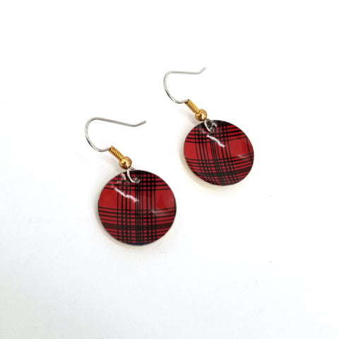 Upcycled Biscuit Box Circular Dangle Earrings Red Plaid - Arts and Heritage St. Albert