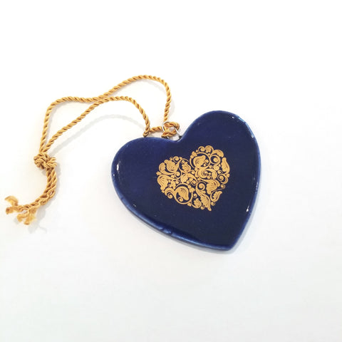 Holiday Ornaments Medium Blue Heart with 14k Gold Heart - Arts and Heritage St. Albert