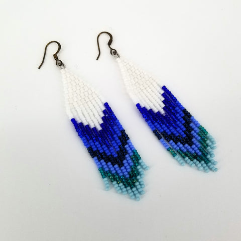 Beaded Fringe Earrings White & Blue - Arts and Heritage St. Albert