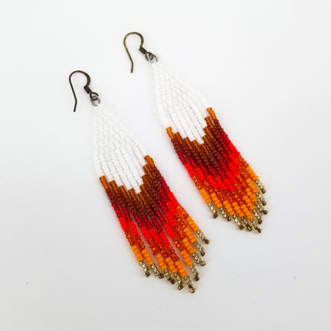 Beaded Fringe Earrings White & Red - Arts and Heritage St. Albert