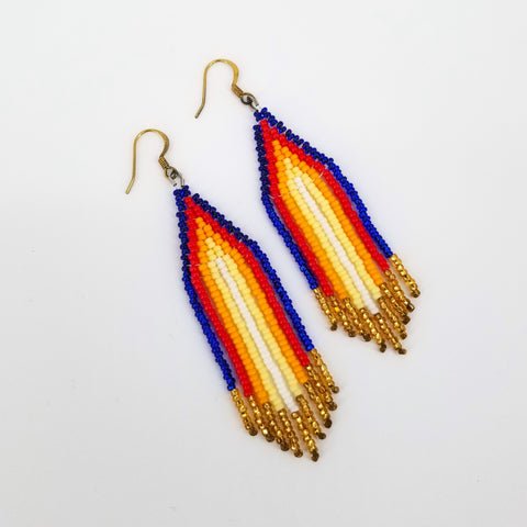 Beaded Fringe Earrings Blue Red Yellow & White - Arts and Heritage St. Albert