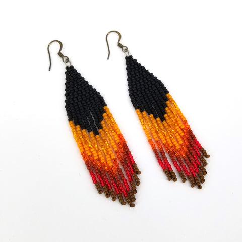 Beaded Fringe Earrings Black Orange & Red - Arts and Heritage St. Albert