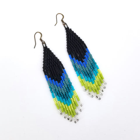 Beaded Fringe Earrings Black Blue & Green - Arts and Heritage St. Albert