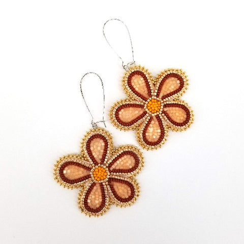 Flat Stitch Beaded Floral Earrings Rust & Tan - Arts and Heritage St. Albert