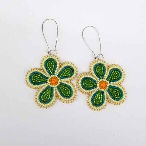 Flat Stitch Beaded Floral Earrings Green - Arts and Heritage St. Albert