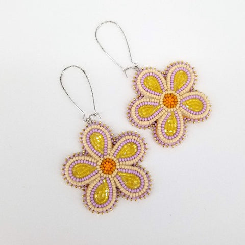 Flat Stitch Beaded Floral Earrings Lilac & Yellow - Arts and Heritage St. Albert