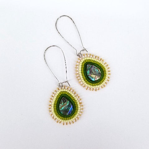 Beaded Flat Stitch Teardrop Earrings with Abalone Green - Arts and Heritage St. Albert