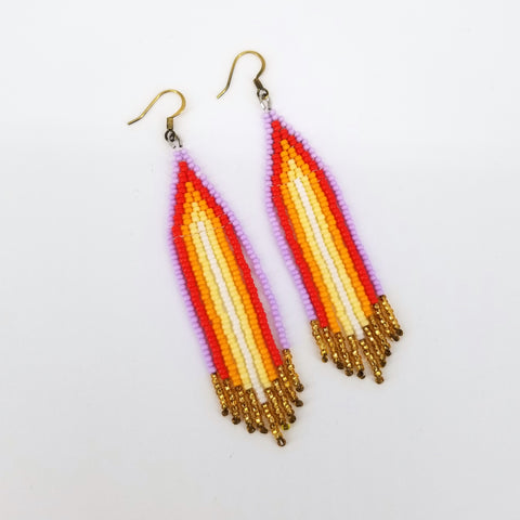 Beaded Fringe Earrings Lilac Red Yellow & White - Arts and Heritage St. Albert