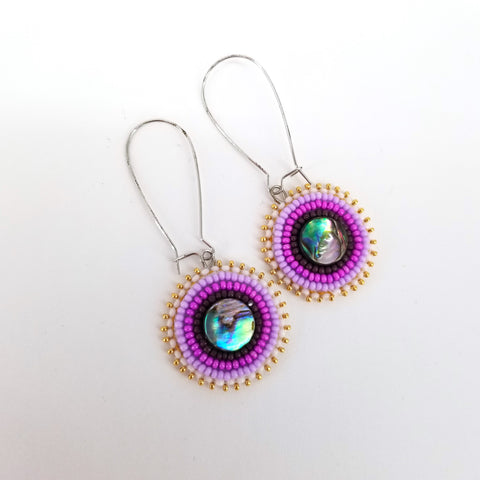 Beaded Flat Stitch Circular Earrings with Abalone Large Purple - Arts and Heritage St. Albert