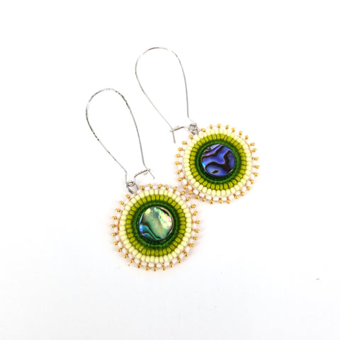 Beaded Flat Stitch Circular Earrings with Abalone Large Green - Arts and Heritage St. Albert