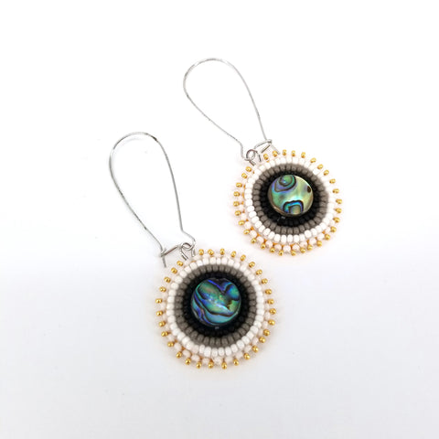 Beaded Flat Stitch Circular Earrings with Abalone Large Charcoal - Arts and Heritage St. Albert