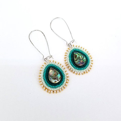 Beaded Flat Stitch Teardrop Earrings with Abalone Turquoise - Arts and Heritage St. Albert