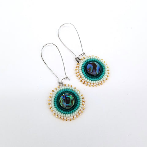 Beaded Flat Stitch Circular Earrings with Abalone Large Turquoise - Arts and Heritage St. Albert